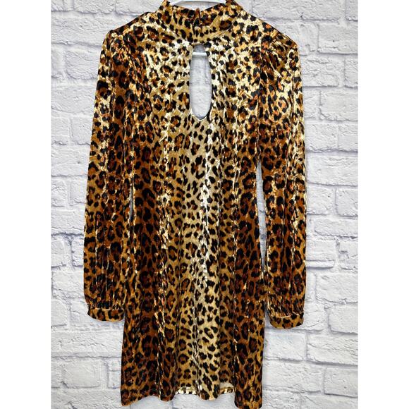 Silence + Noise Leopard Animal Print Long Sleeve Mini Crushed Velvet Dress MED - Picture 1 of 4